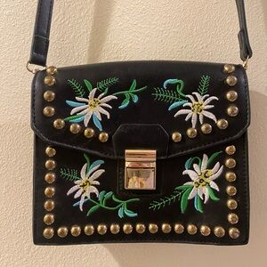 Black Floral Embroidered Studded Bag